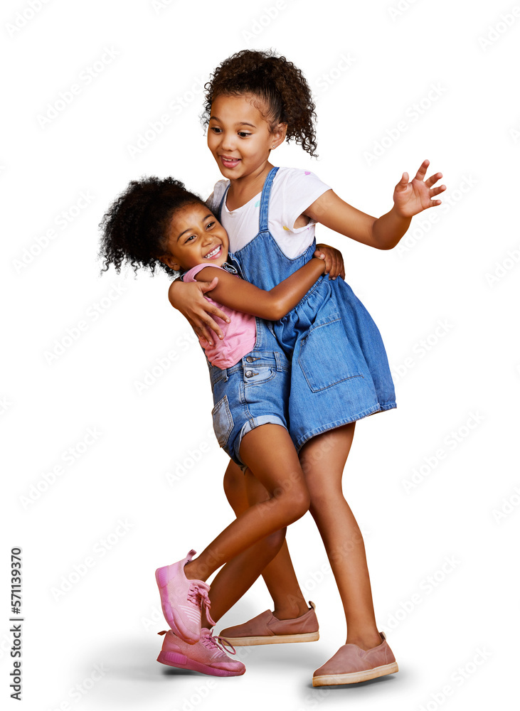 Two loving sisters, sibling or friend huggin and showing love, affection and bonding isolated on a p