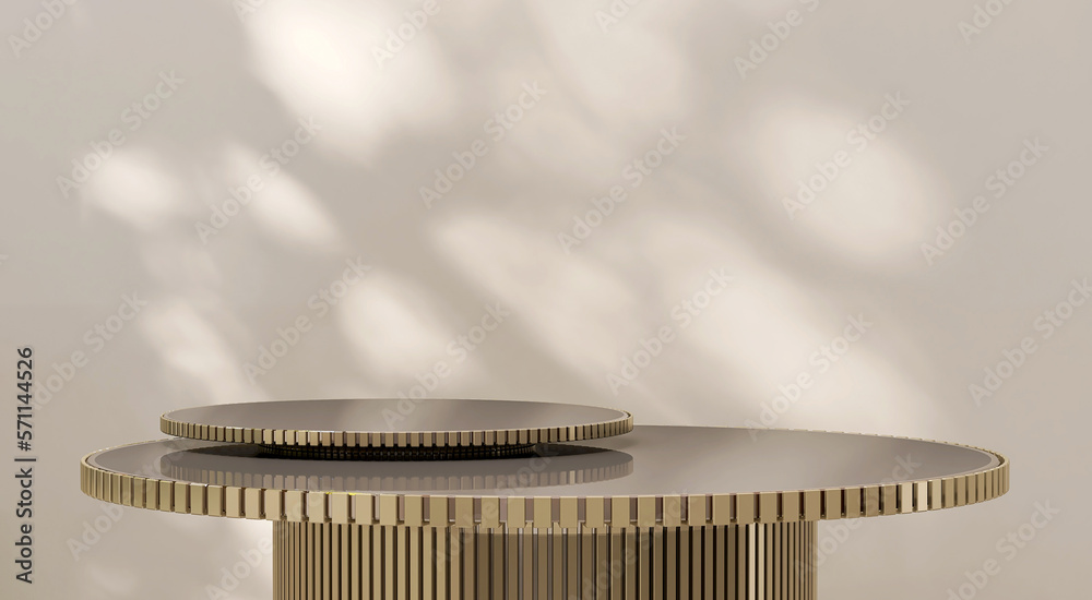 Modern elegant two layer brown podium table, gold corrugated side, in dappled sunlight, leaf shadow 