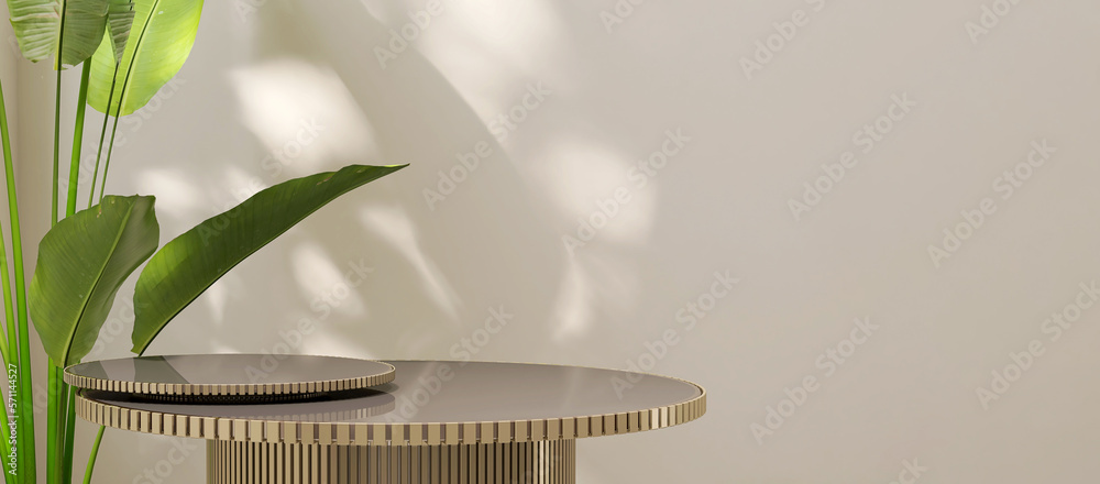 Modern elegant two layer brown podium table, gold corrugated side, tropical banana tree in sunlight 