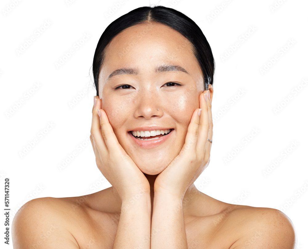 Cosmetics and facial care for natural beauty, wellness, and smile being happy, isolated on a png bac