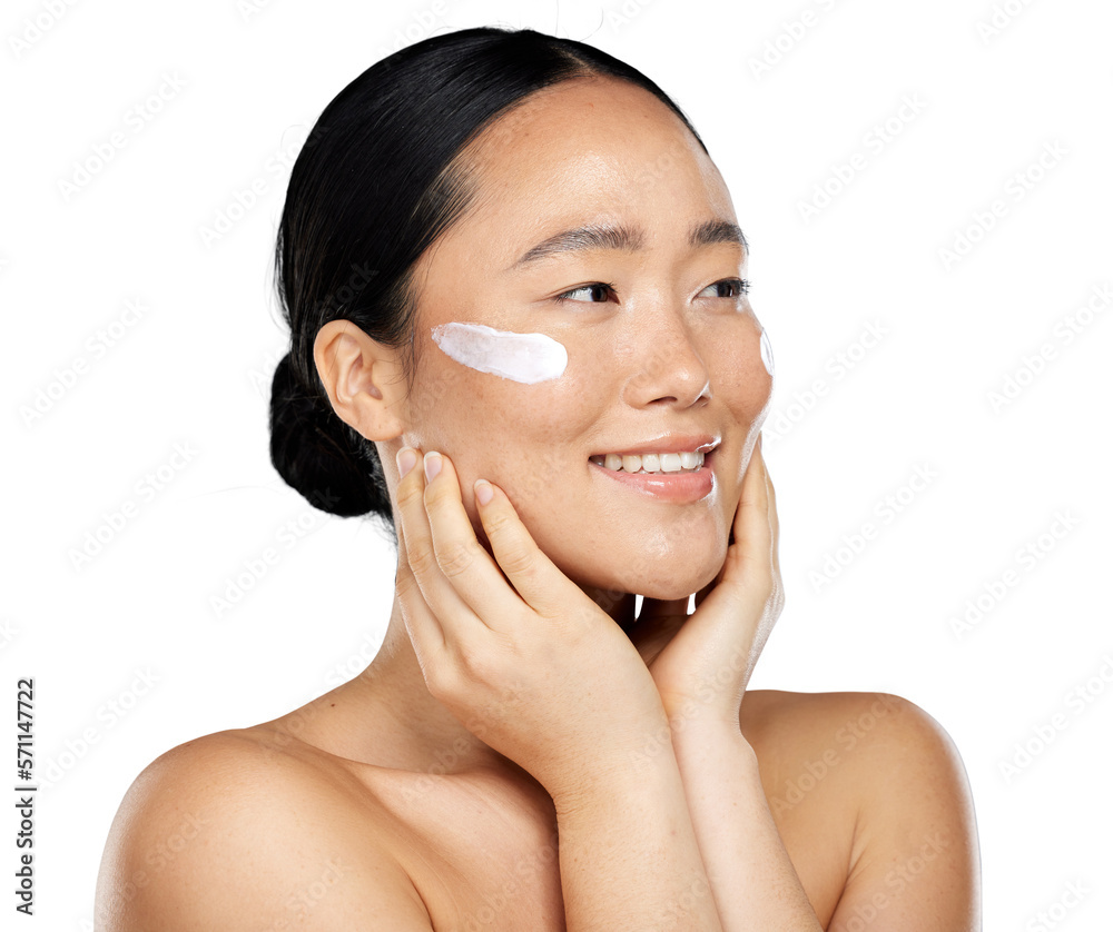 Asian woman using a skincare cream, facial makeup, and luxury cosmetics for skin wellness isolated o