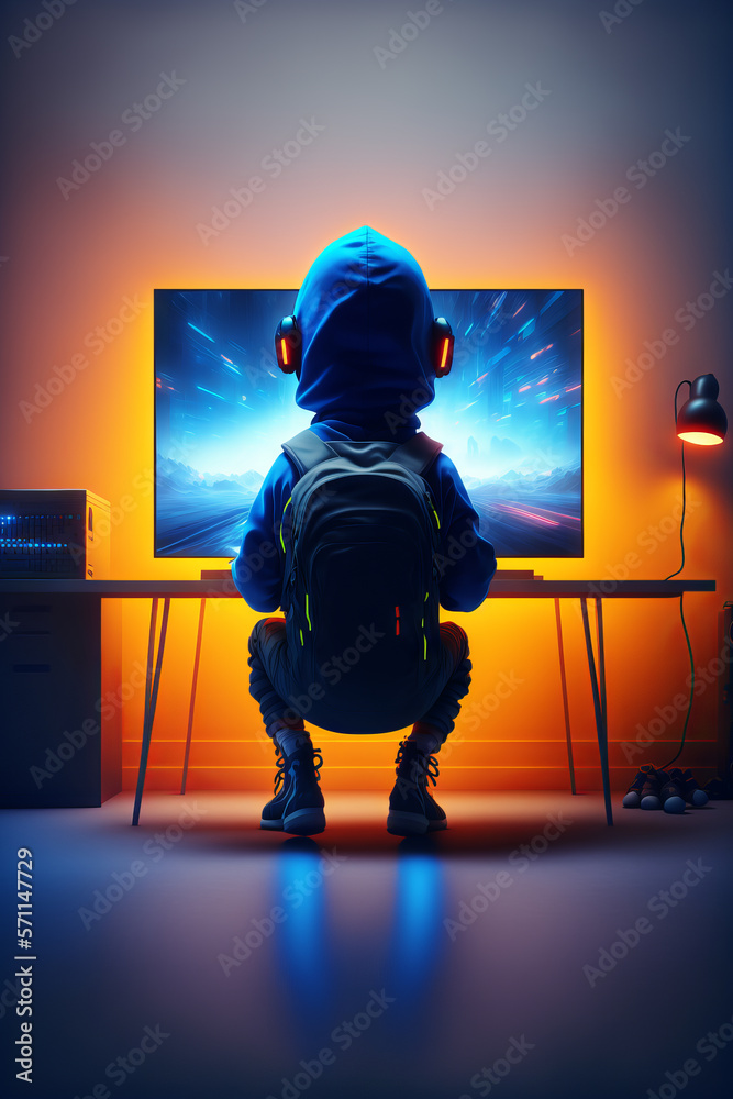 Kid playing video games in his room. Back view of a child sitting in front of a monitor. Colorful li