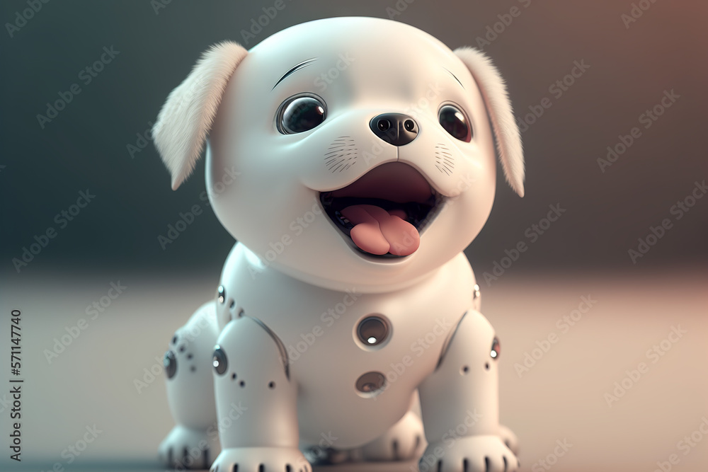 Cute robotic puppy on empty background. White happy little dog robot. Futuristic pet assistant power