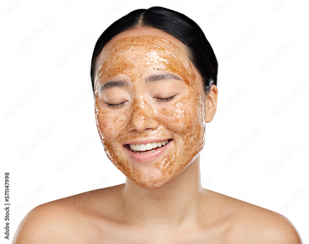 A shirtless beautiful asian woman applying a skincare product or a facial scrub for healthy skin or 