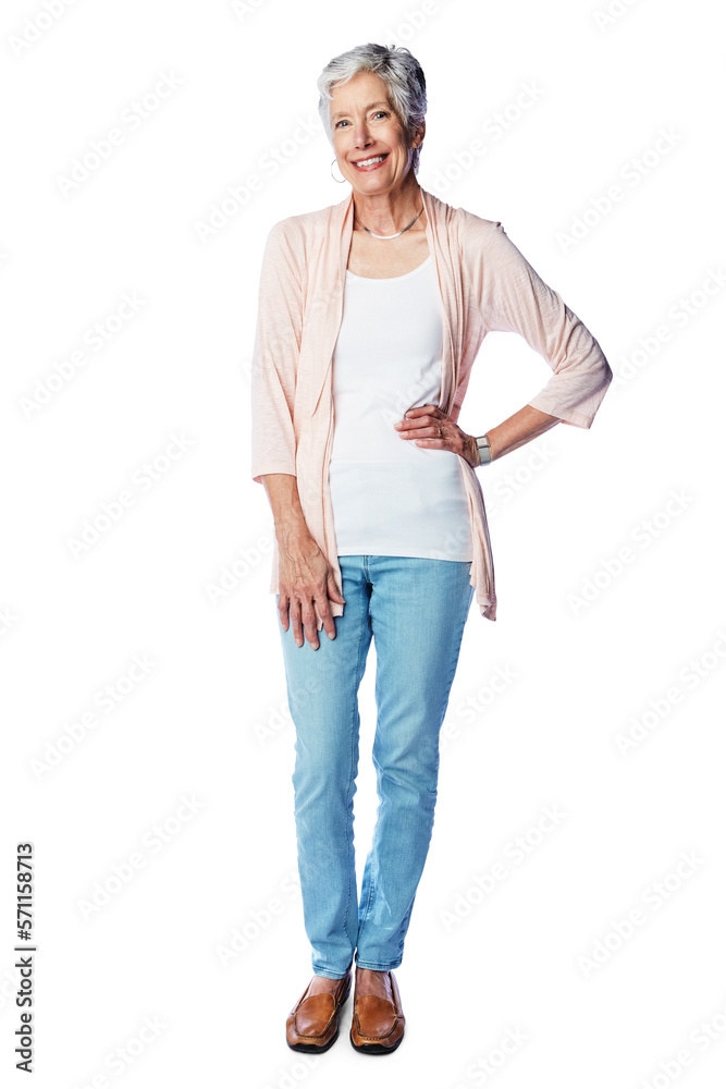 An attractive cheerful mature woman in her 60s posing with her hands in hips isolated on a png backg