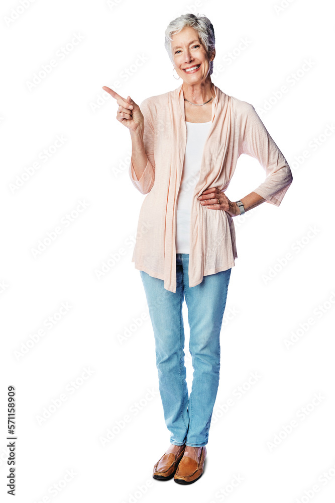 An assertive veteran or a grey haired middle age woman smiling and pointing at the copy space isolat