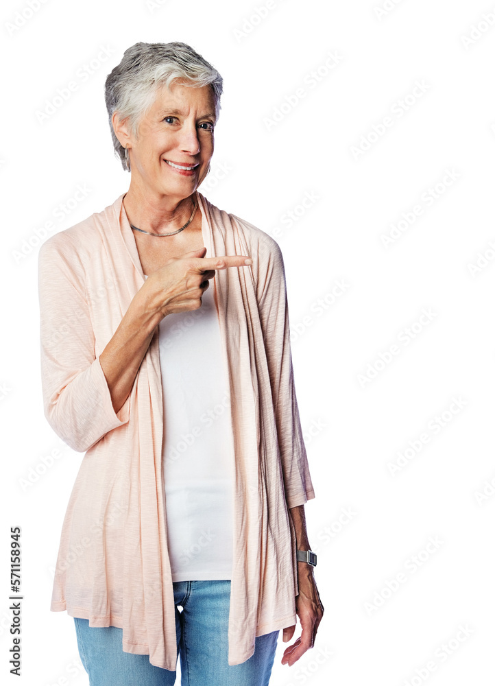 A cheerful senior woman or an ex an veteran with a beautiful smile pointing at a copy space isolated