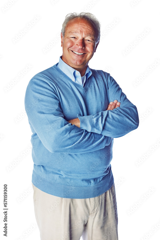 A confident happy senior man or a senior person with his arm crossed and looking at the camera isola