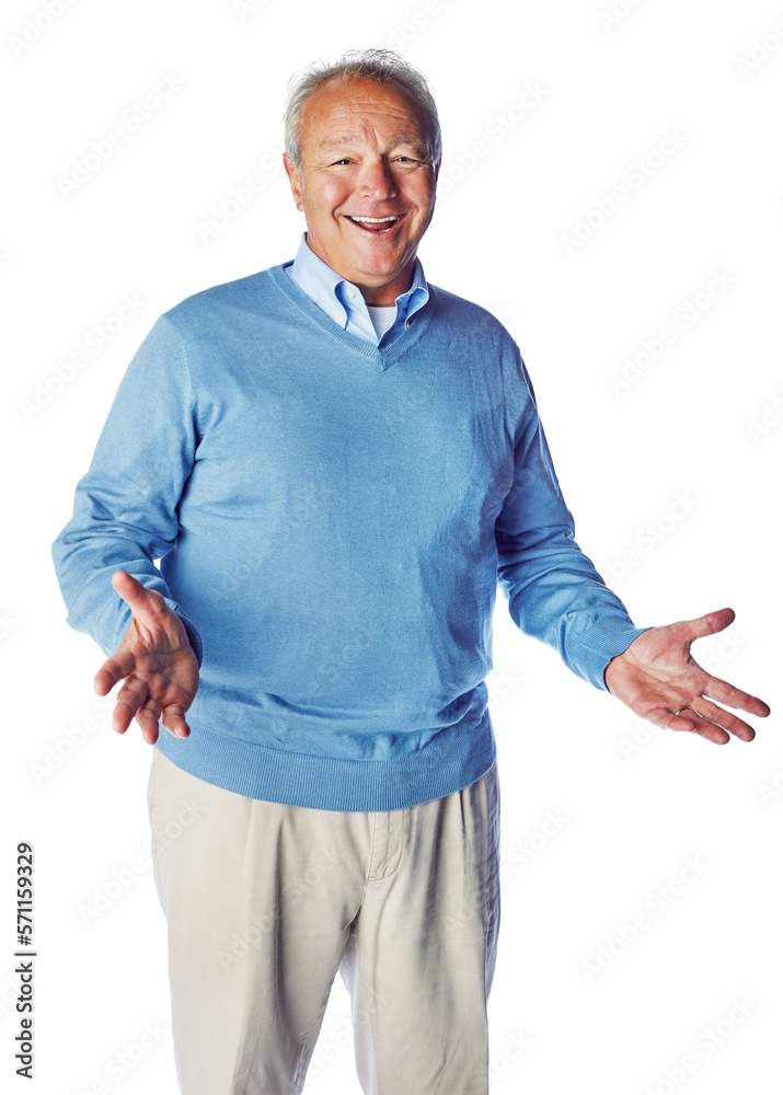 A cheerful happy elderly man standing and posing with his both palms open as a gesture of what isola