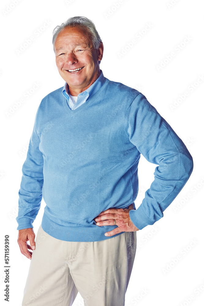 A happy grey haired senior man or retired senior gentleman posing with his hand on his waist and loo