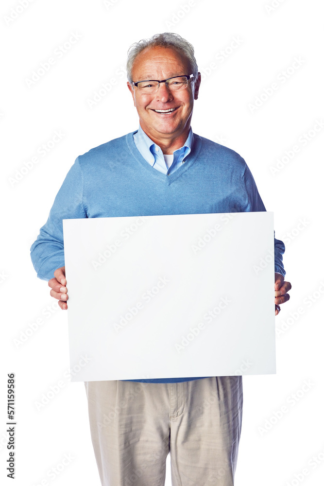 Cheerful senior male model in formal clothing holding a blank white board as a branding or advertisi