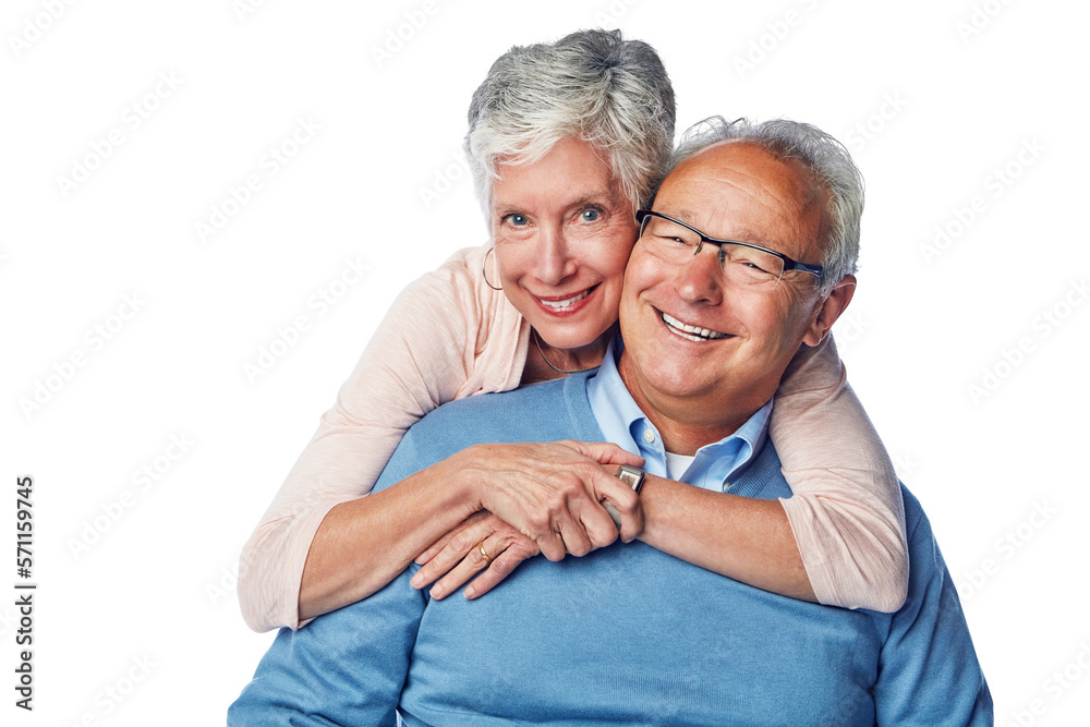 An affectionate loving middle aged hoary beautiful woman cuddling from back to his joyful old husban