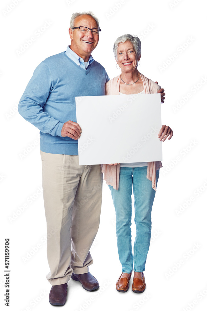 A portrait of a happy senior couple standing together and holding a blank placard as promoting or en