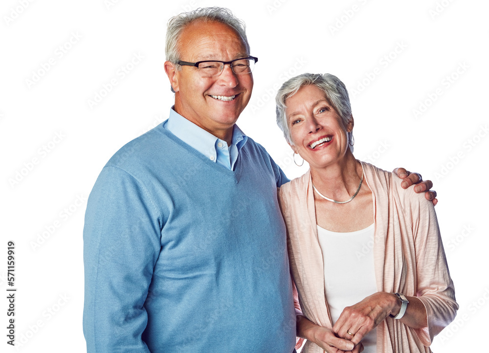 A cheerful senior couple posing together in happiness and bonding for relationship isolated on a png