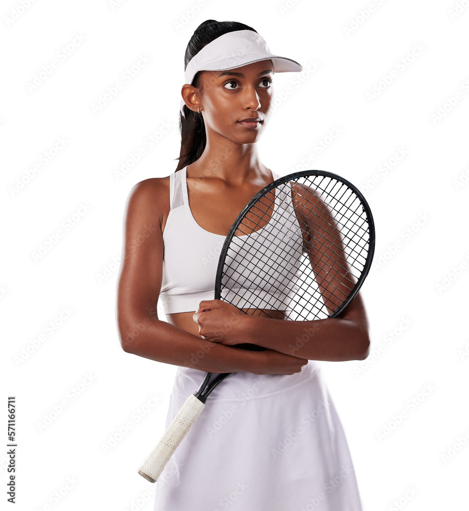 Thinking tennis player, fitness athlete and active woman ready for training with racket in cool fash