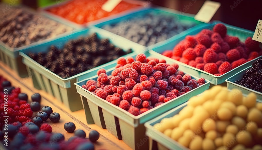 farmer market stall selling many kind of berries, idea for local business vendor support theme, Gene