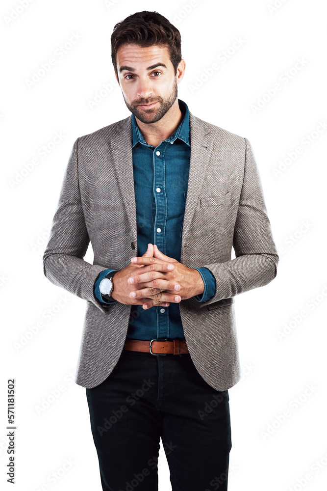 An elegant young handsome entrepreneur posing with his hands joined and looking at the camera isolat