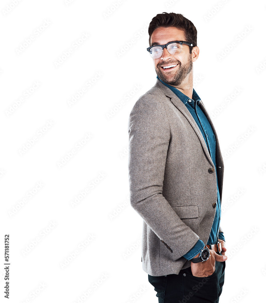 Side view of handsome brunette trimmed bread man in smart casual outfit posing with his hands in his