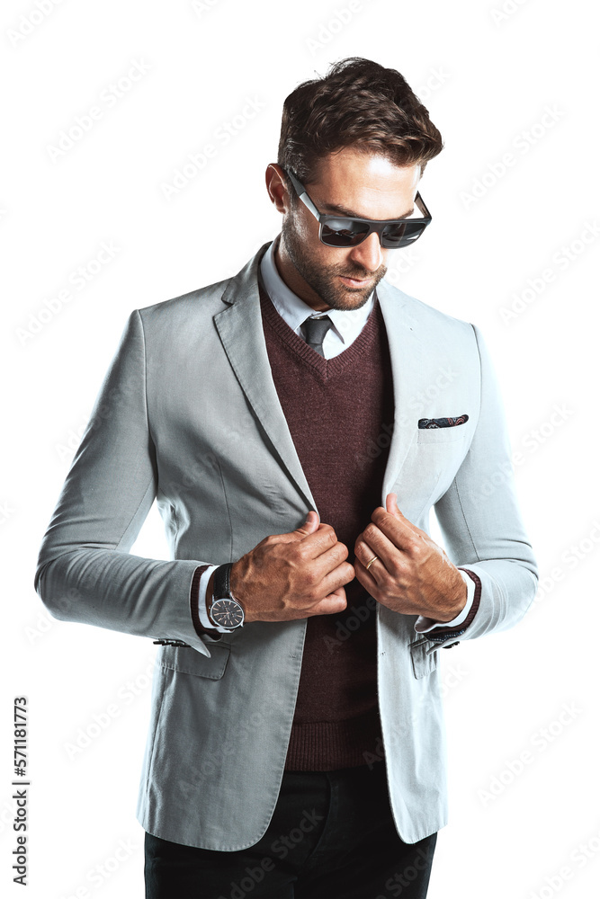 A trendy attractive young business magnet posing in a business suit with his trendy shades isolated 