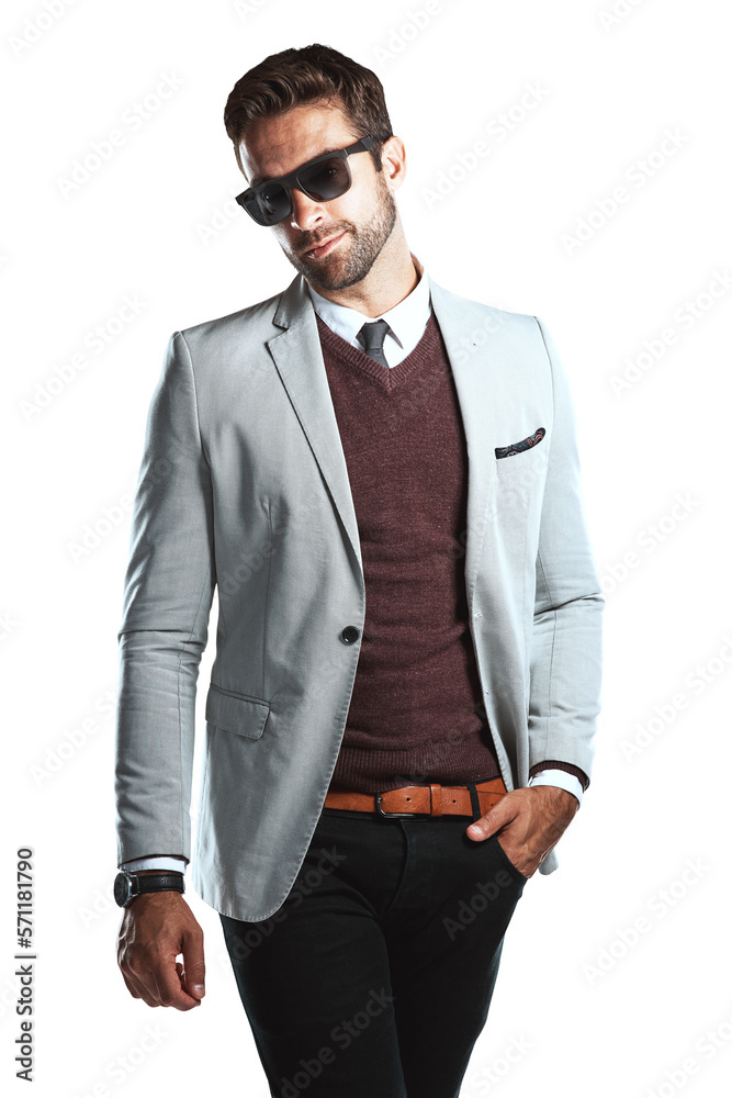 An elegant handsome man with a trendy or a fashionable shades posing isolated on a png background.