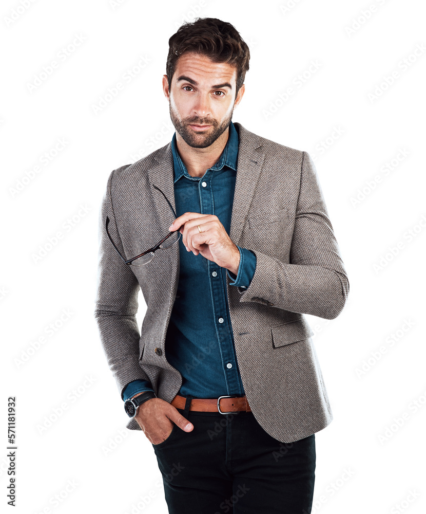 A good-looking male entrepreneur in stylish jacket taking off glasses and gesturing  with staring qu