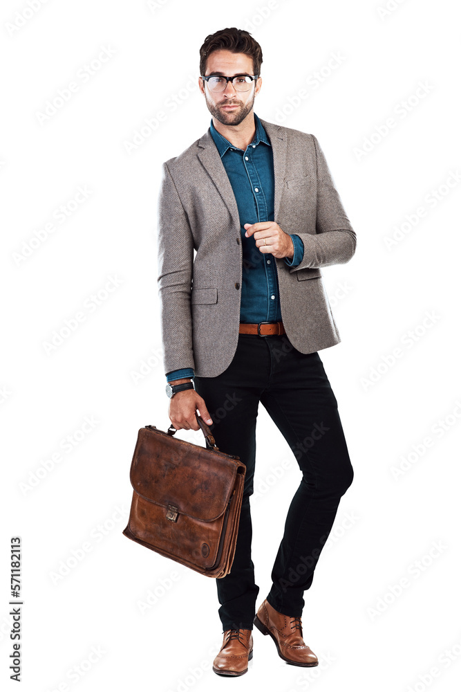 A trendy elegant looking businessman in formal suit posing with a leather bag and one leg slightly e