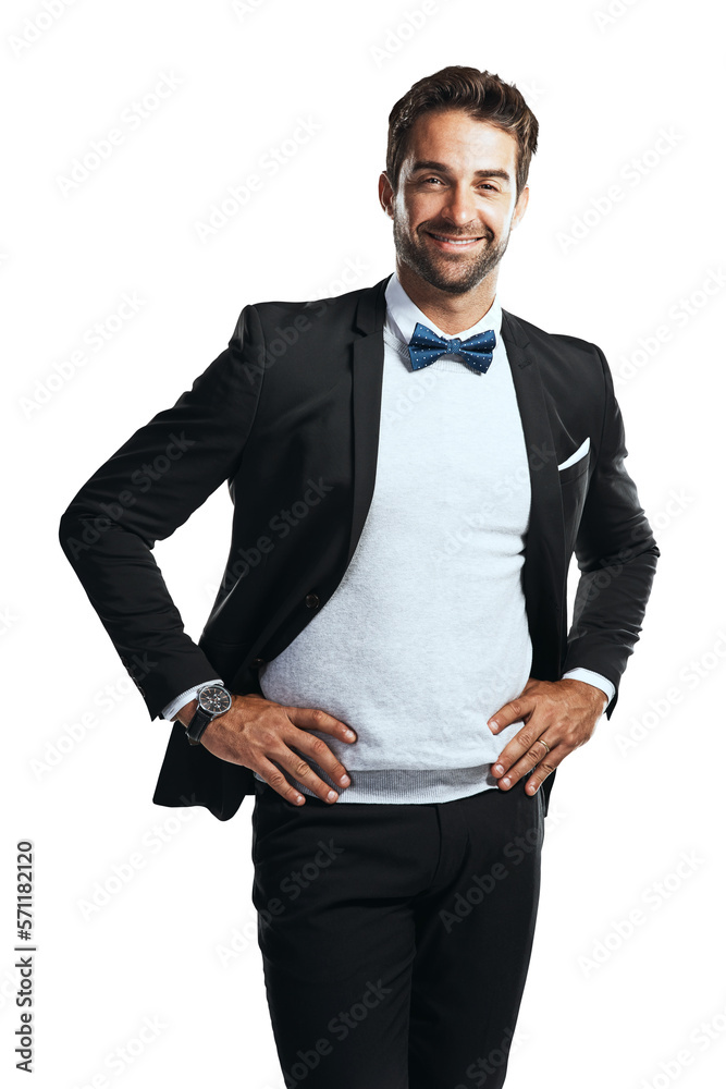 A stylish confident and attractive young man in tuxedo standing with his hands on his waist isolated