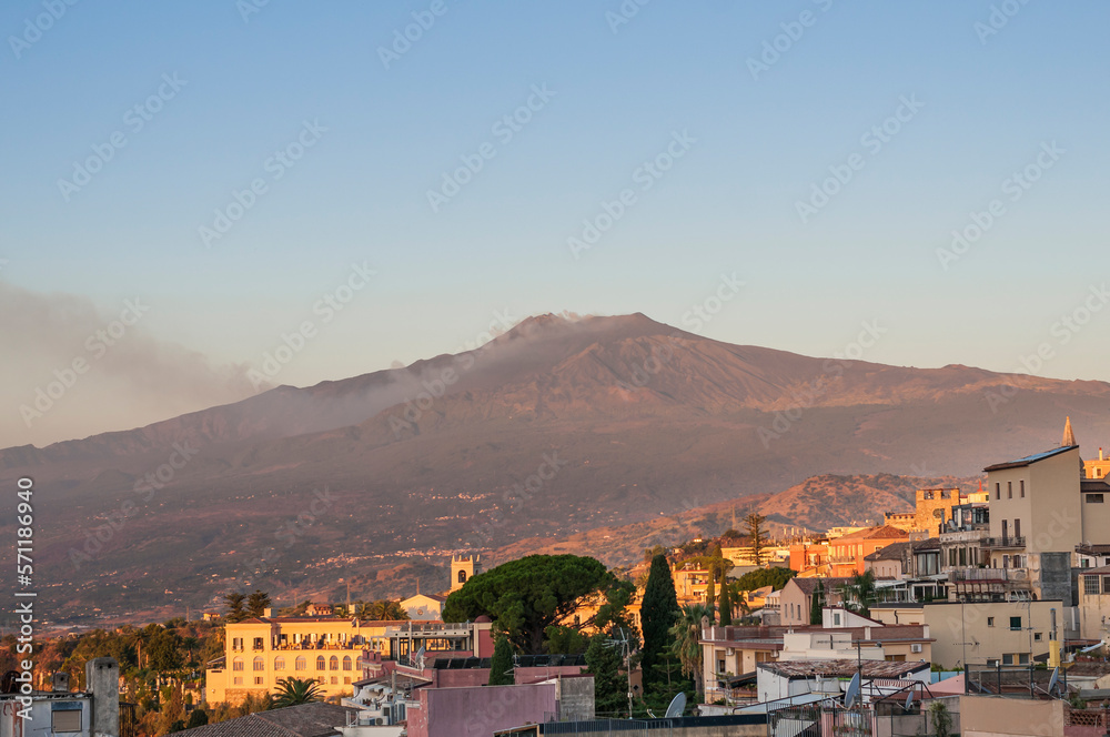 View of Mount Etna from the city of Taormina / View of Mount Etna volcano in the morning, from the c