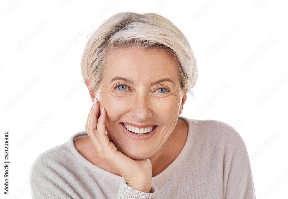 A happy senior woman or elderly model with healthy teeth giving a smile on a headshot. Dental, welln