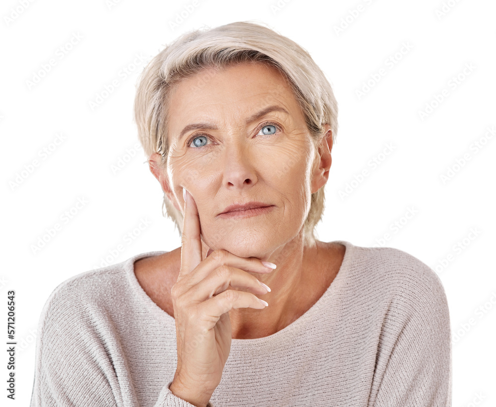 A mature woman thinking and touching her face in copy space for anti ageing skincare or cosmetic pro