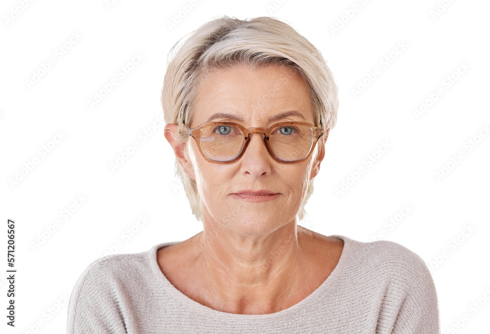 A mature caucasian woman wearing trendy brown prescription spectacles. Senior female looking serious