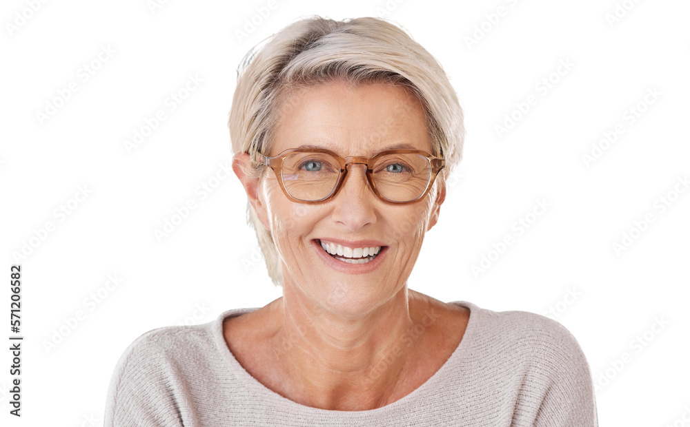 A beautiful caucasian mature woman wearing glasses with her bright natural looking dentures isolated