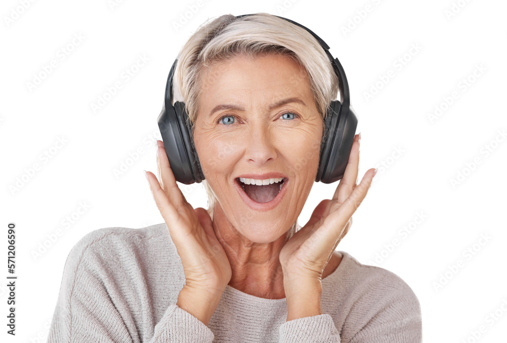 A happy mature woman wearing headphones to listen her favourite music.. A smiling caucasian senior e