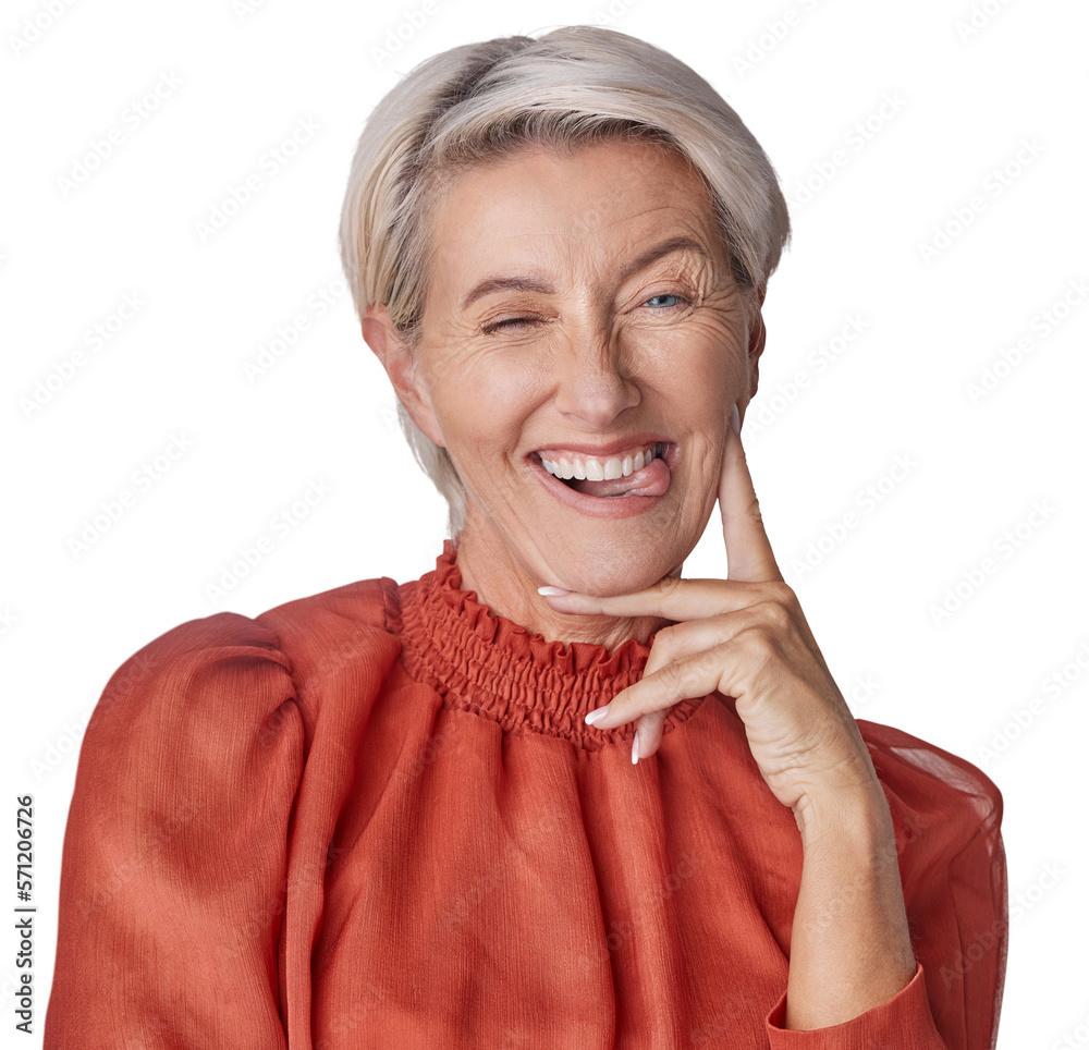 A quirky model or playful mature woman with funny facial expression, tongue or happy winking face is