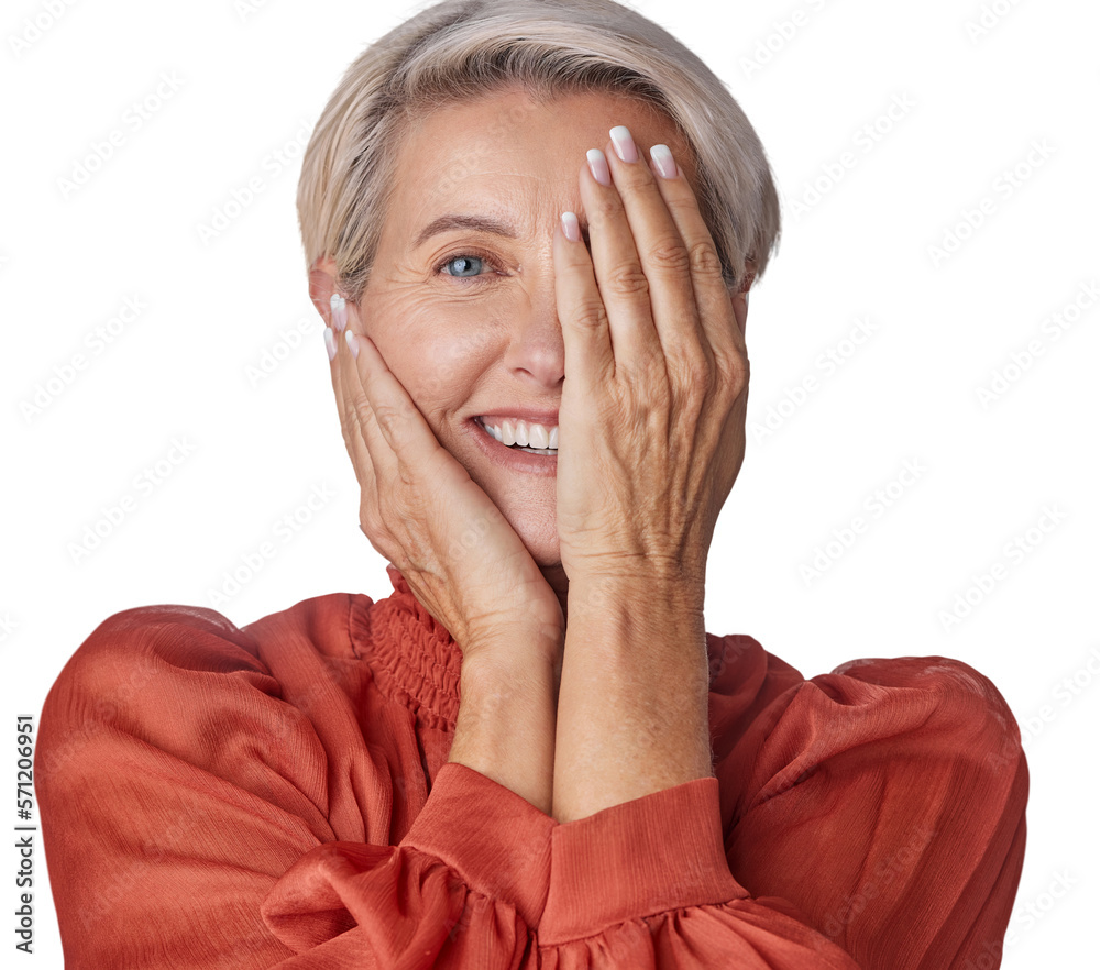 A happy senior with a hazel eye covering her half face in wellness. A gracious senior woman touching