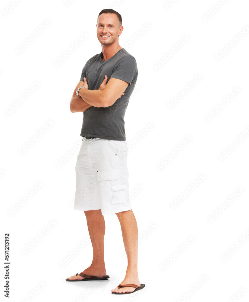 A confident smiling fashionable man standing with his arms crossed and posing in a trendy casuals is