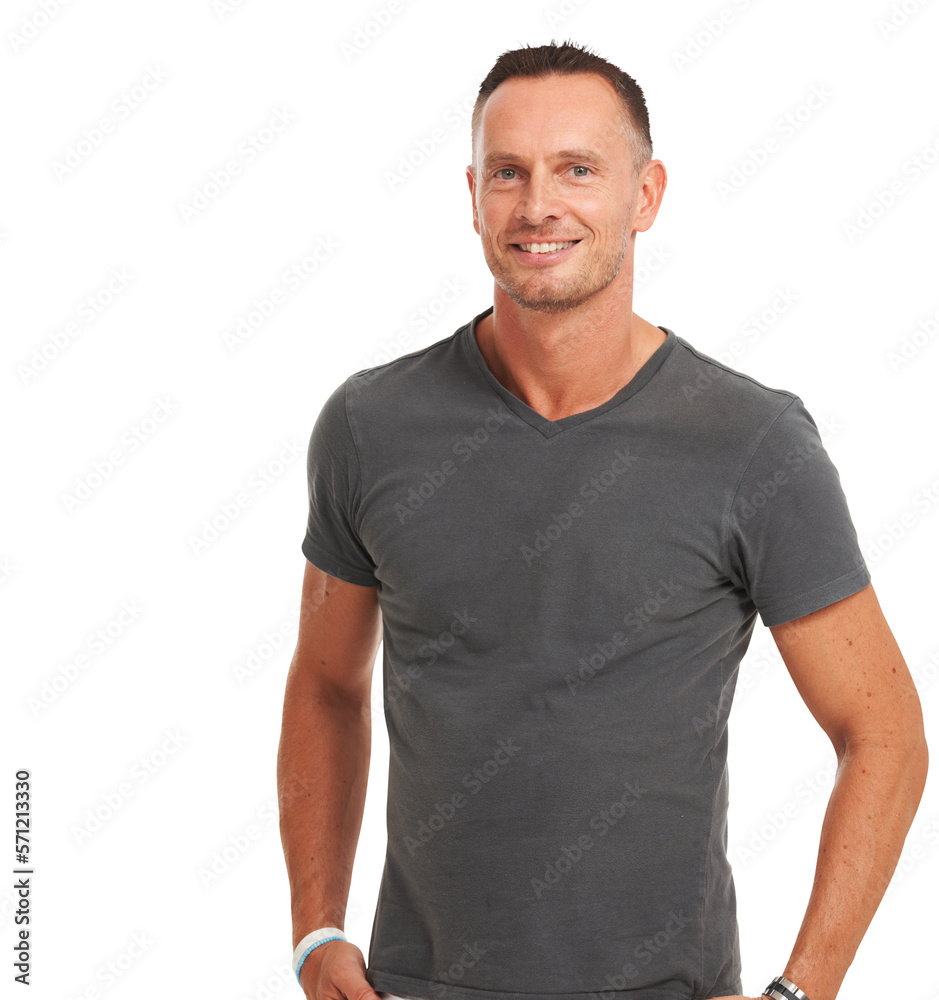 A confident handsome male model smiling with a positive emotions while looking at the camera isolate