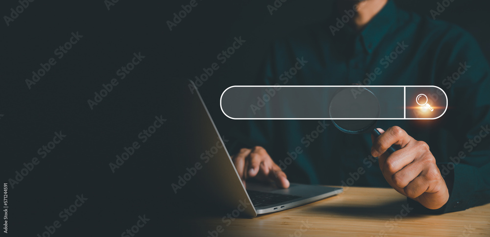 Businessman tapping search bar for SEO search concept to search information or data by internet conn