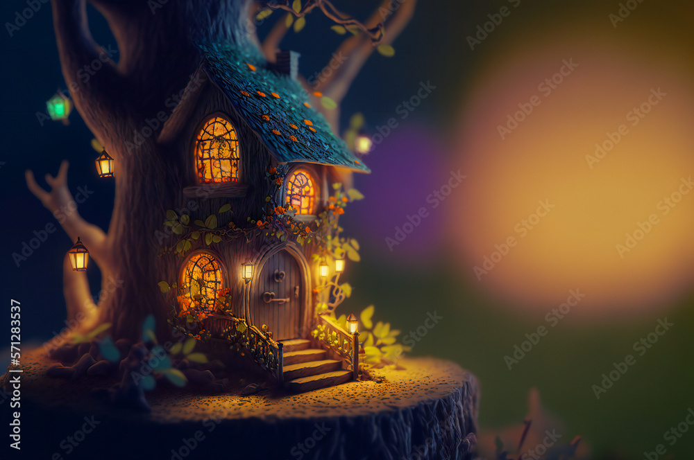 Tiny cute toy house in the woods, with illuminated windows. Created with Generative AI technology.