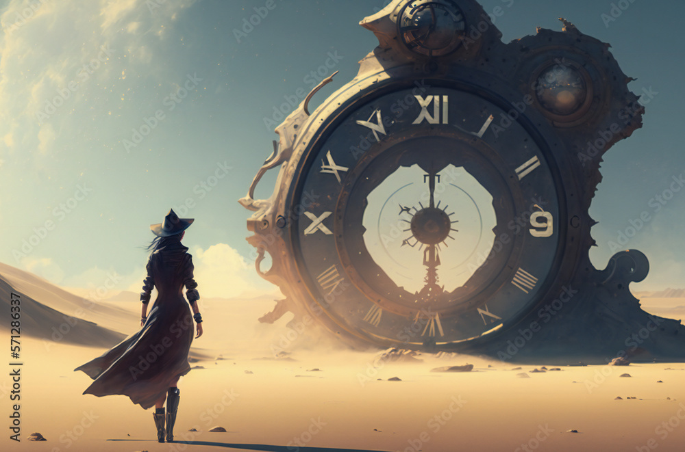 Young woman standing in front of a giant clock. Time machine, time travel or time related concept. C