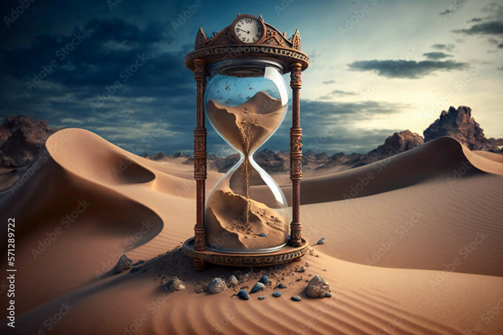 Lonely hour glass in the desert. Time related concept. Created with Generative AI technology.