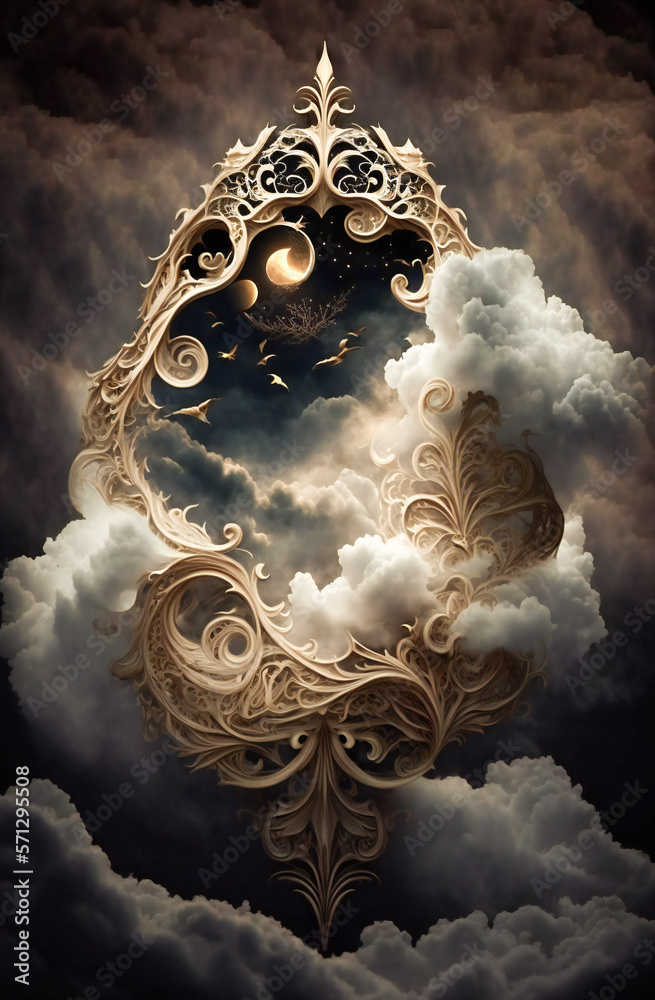 Magical fantasy object in the sky. Filigree structure with clouds around. Created with Generative AI