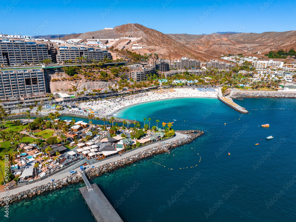 Beautiful aerial landscape with Anfi beach and resort, Gran Canaria, Spain. Luxury hotels, turquoise