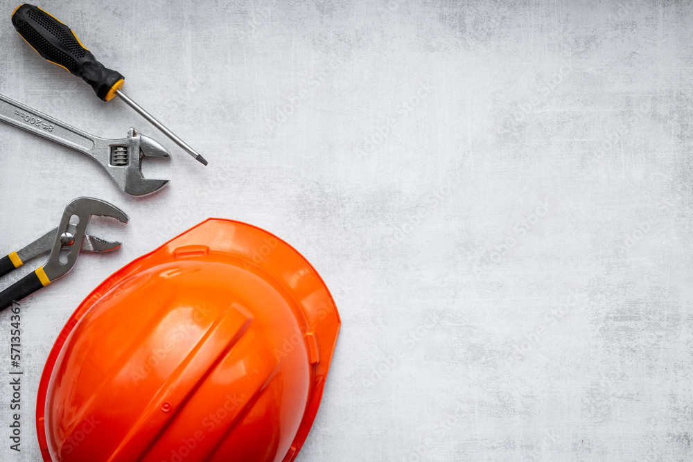 Tools with engineer safety construction helmet top view