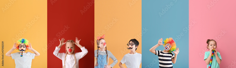 Set of funny children on colorful background. April Fools Day celebration