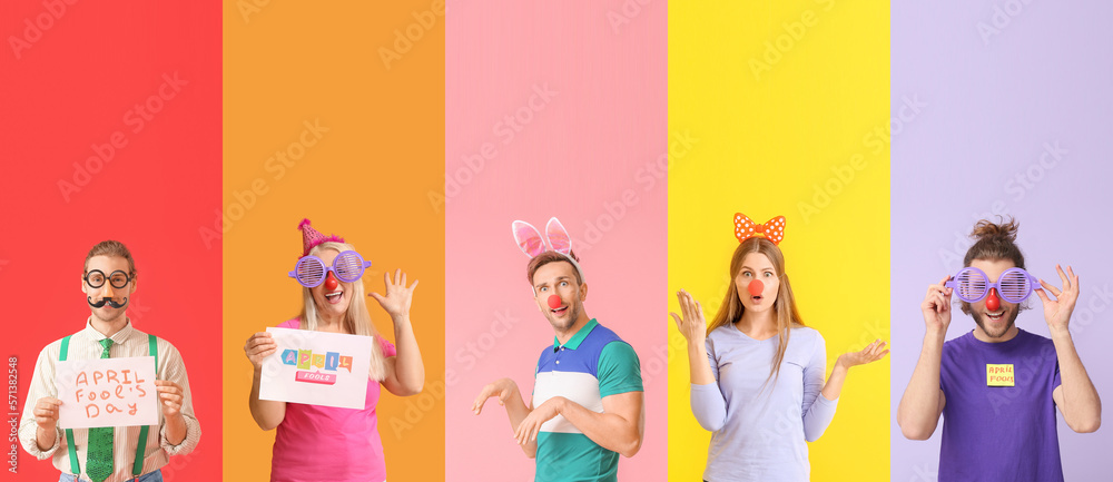 Set of people celebrating April Fools Day on color background