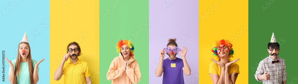 Set of people celebrating April Fools Day on color background