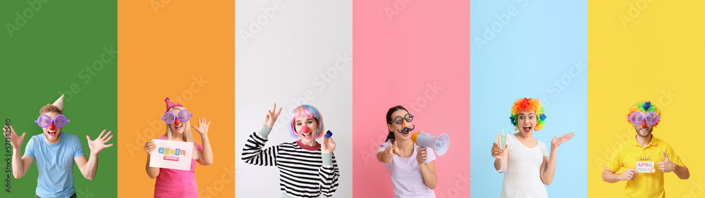 Set of people celebrating April Fools Day on color background