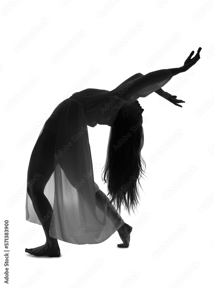 Silhouette of female ballerina dancing on white background