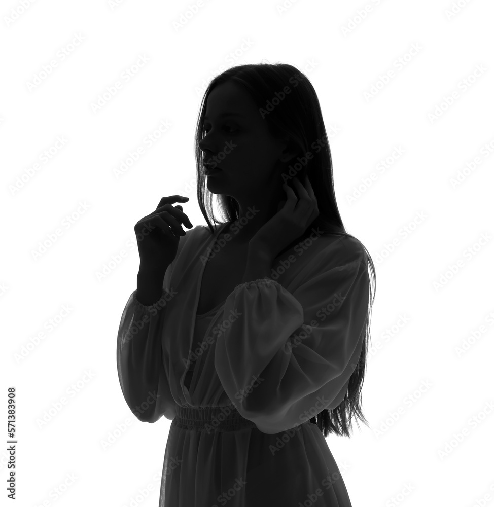 Silhouette of young woman on white background